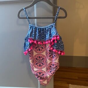 Nicole Miller Girls Blue and Pink Pom-Pom One Piece Swimsuit